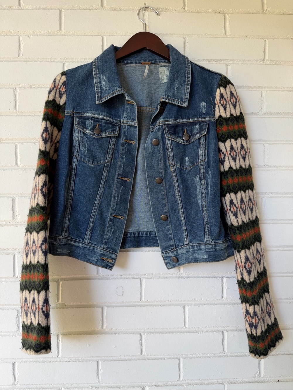 Free People Distressed Denim Jacket with Nordic Aztec Knit Wool Sleeves